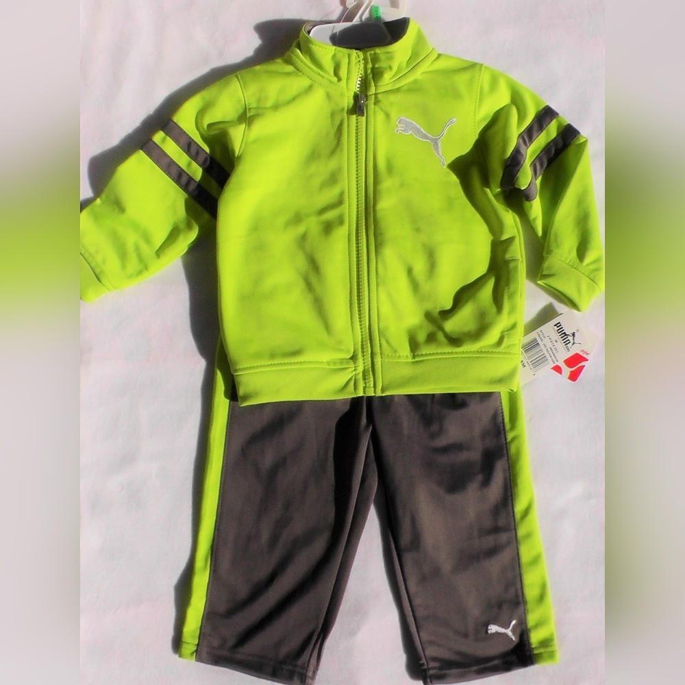 NWT Puma Tracksuit Zip Jacket & Jogger Pants 18mo Boys Sulfur Green 2 pi…